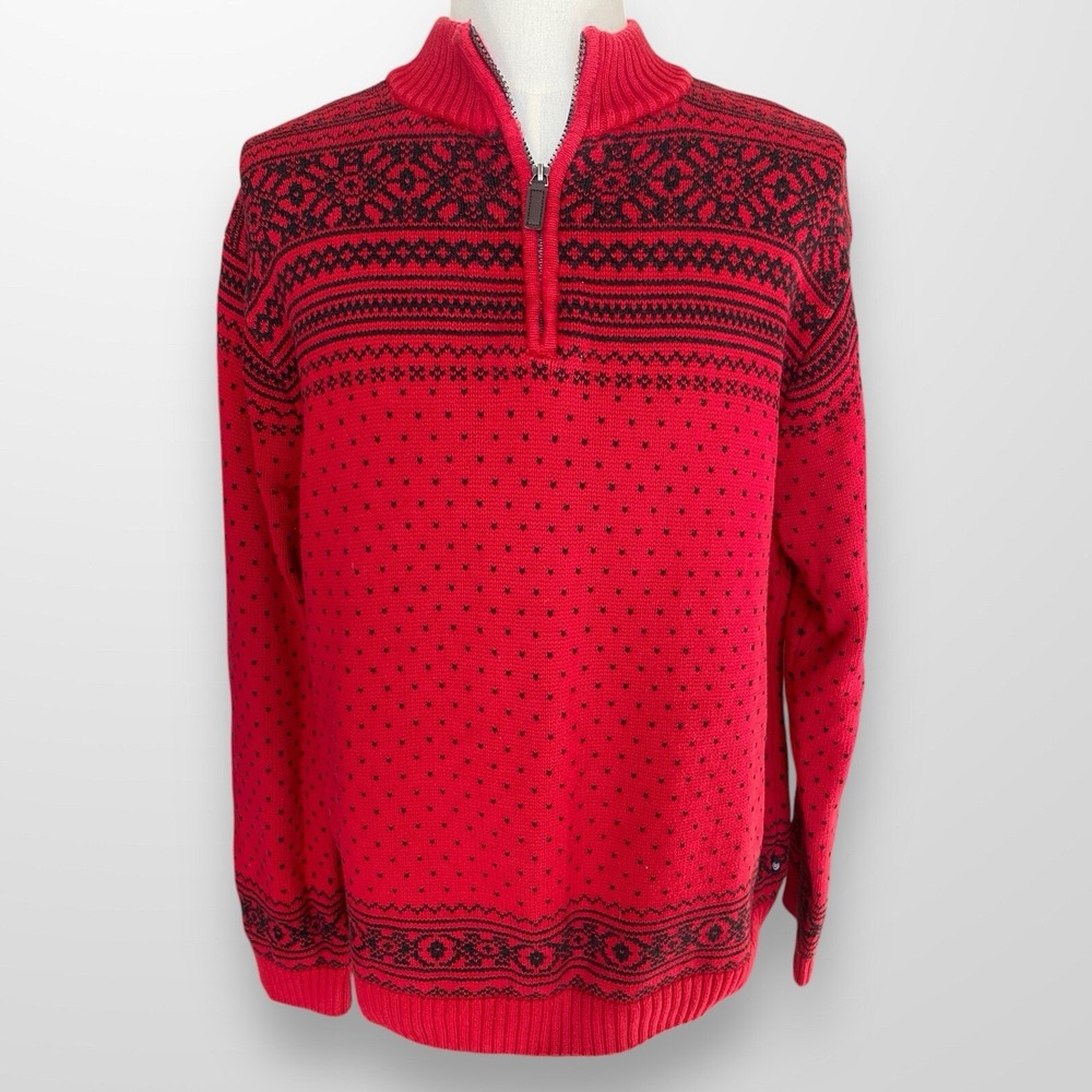 Chaps Mens Size XL Sweater Red‎ Black Fair Isle 1/4 Zip Pullover Thick Warm